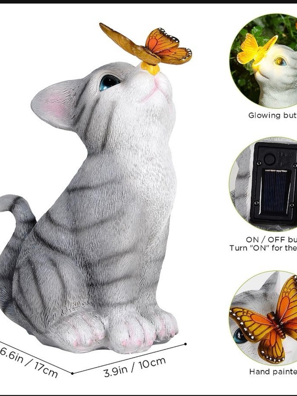 Gray Tabby Cat Solar Statue with Orange Butterfly